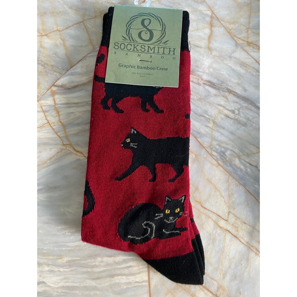 Socksmith Mens Graphic Bamboo Crew Socks Red Black Cat Novelty One Size New